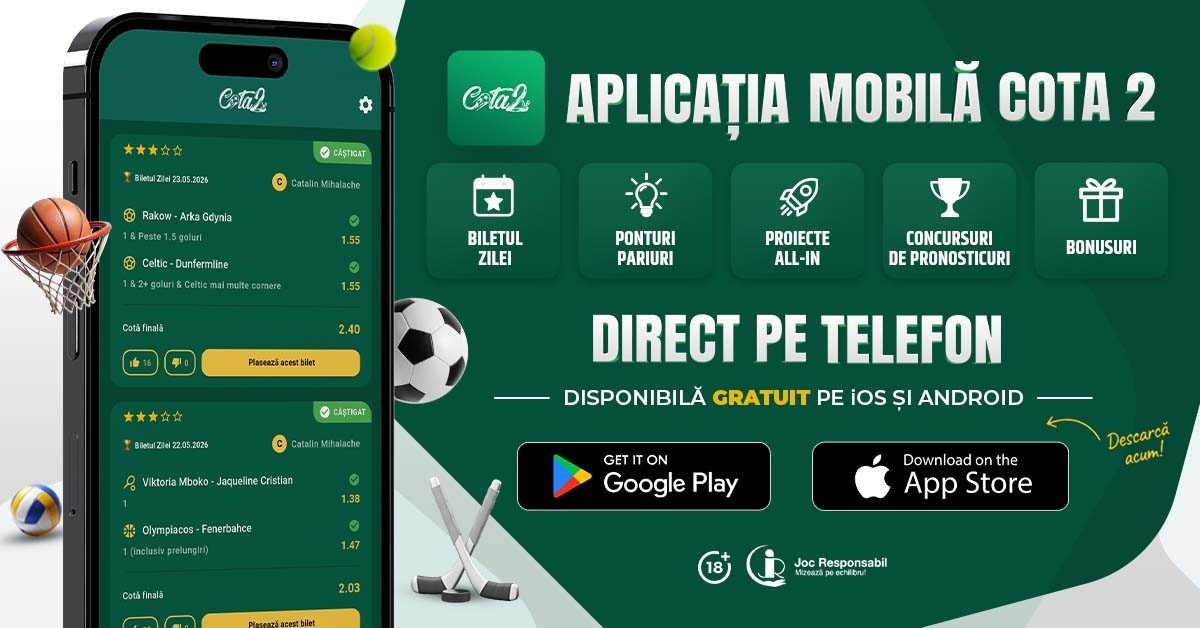 Banner pentru aplicația mobilă Cota2, cu telefon afișând biletul zilei, ponturi pariuri, proiecte ALL-IN, concursuri și bonusuri, disponibilă gratuit pe iOS și Android.